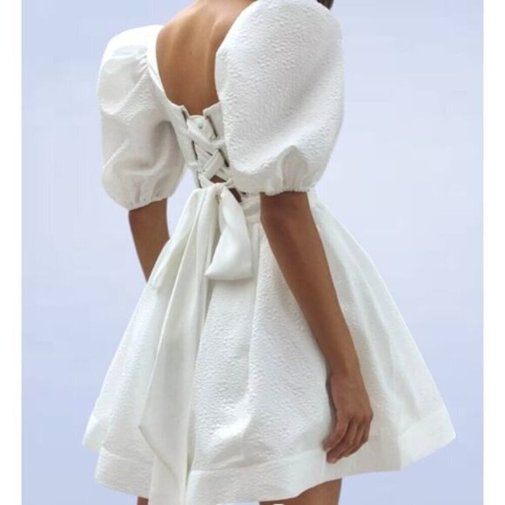 BHLDN x Anthropologie Chloe Puff-Sleeve Square-Neck Jacquard Mini Dress - XL